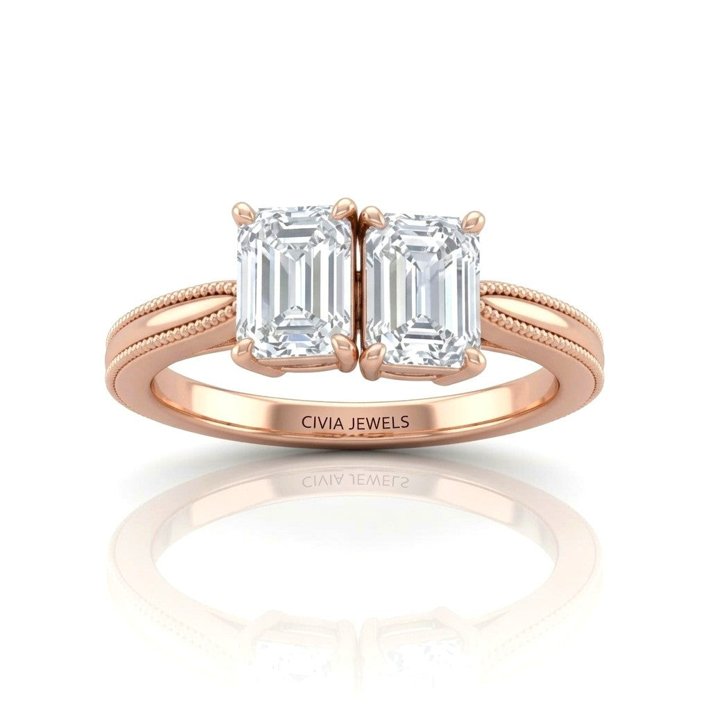 Rose Gold Éternelle Toi et Moi Emerald & Round Diamond Engagement Ring