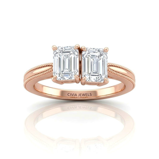 Rose Gold Éternelle Toi et Moi Emerald & Round Diamond Engagement Ring