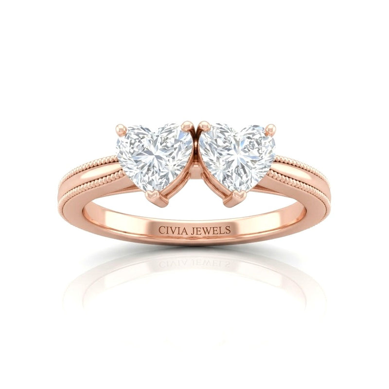 Rose Gold Éternelle Toi et Moi Heart & Round Diamond Engagement Ring