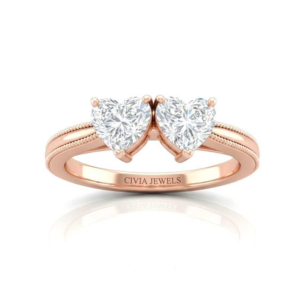 Rose Gold Éternelle Toi et Moi Heart & Round Diamond Engagement Ring