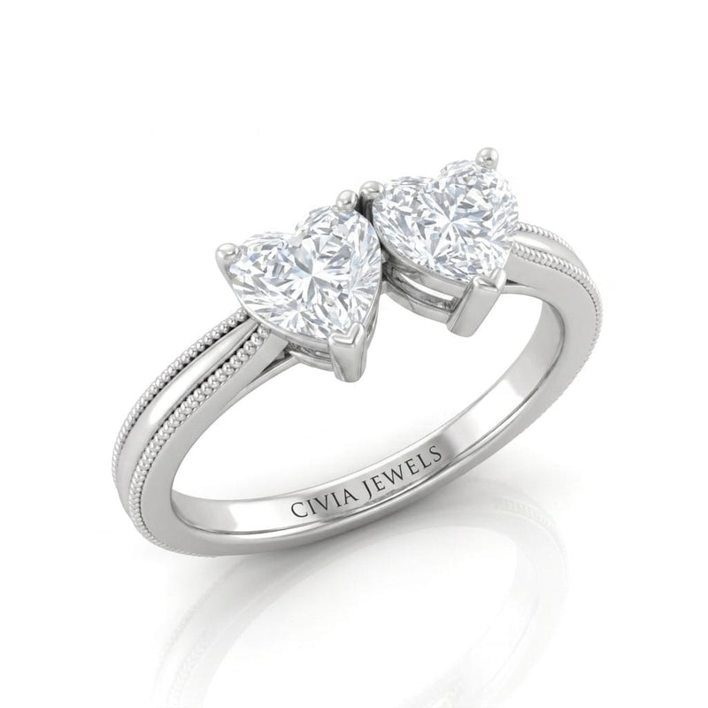 Silver Éternelle Toi et Moi Heart & Round Diamond Engagement Ring