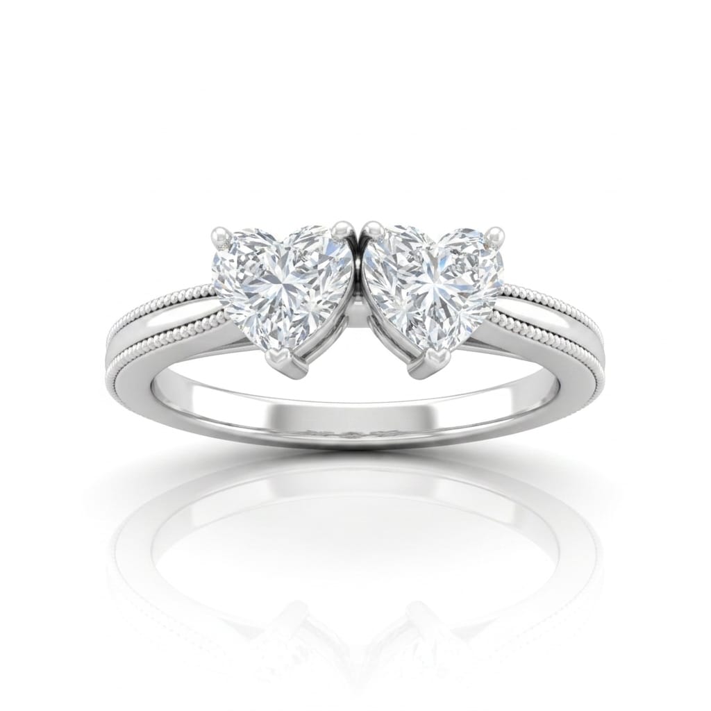 Silver Éternelle Toi et Moi Heart & Round Diamond Engagement Ring