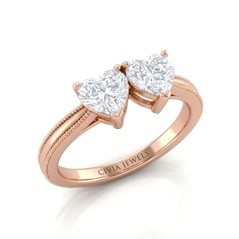 Rose Gold Éternelle Toi et Moi Heart & Round Diamond Engagement Ring