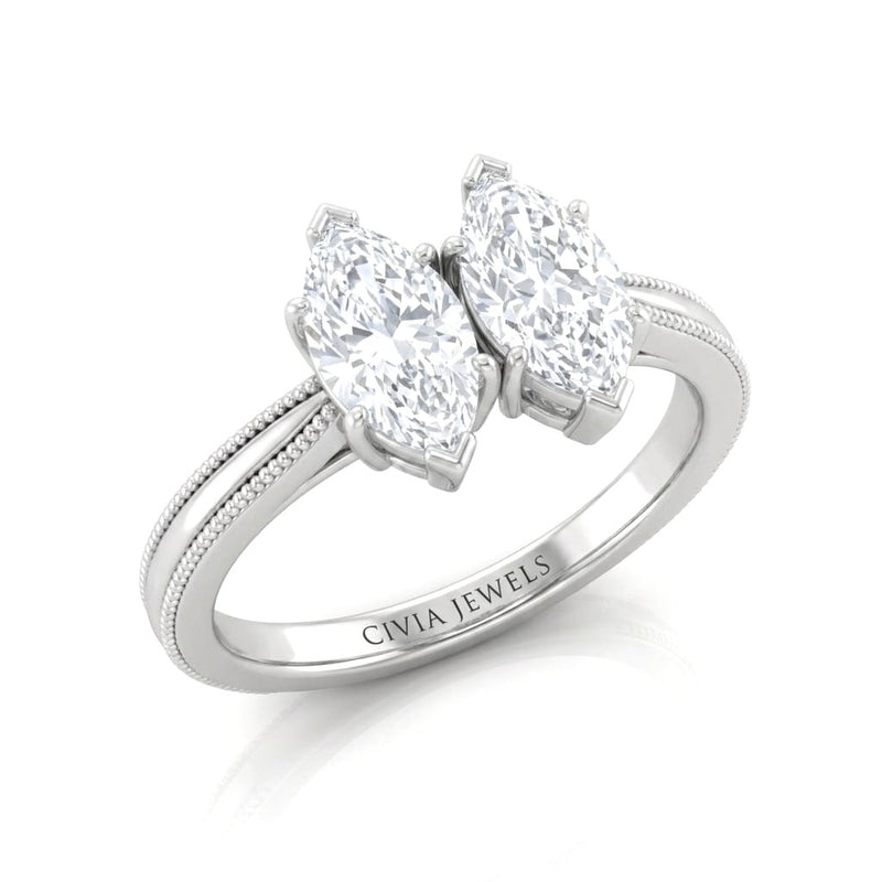 Silver Éternelle Toi et Moi Marquise & Round Diamond Engagement Ring