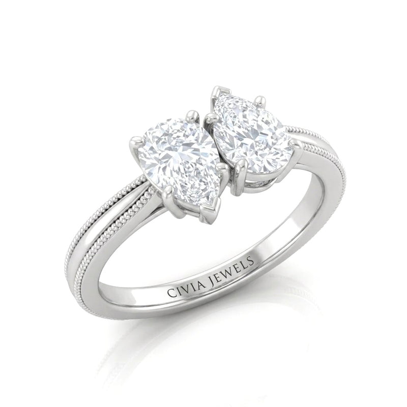Silver Éternelle Toi et Moi Pear & Round Diamond Engagement Ring