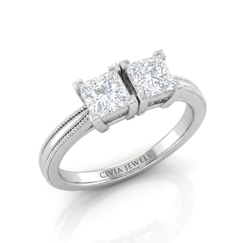 Silver Éternelle Toi et Moi Princess & Round Diamond Engagement Ring