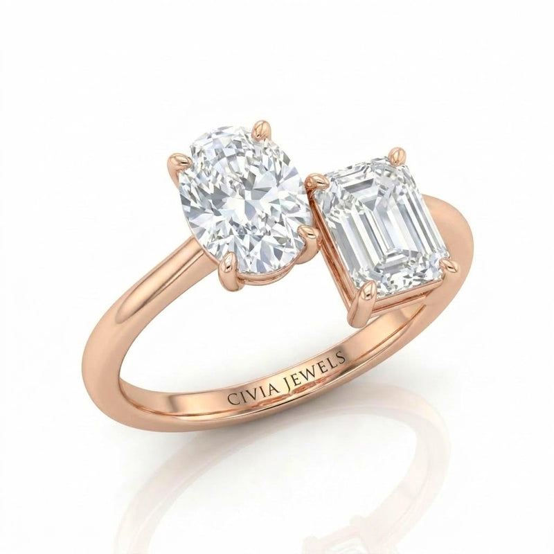 Rose Gold Seraphine Toi et Moi Oval & Emerald Diamond Engagement Ring