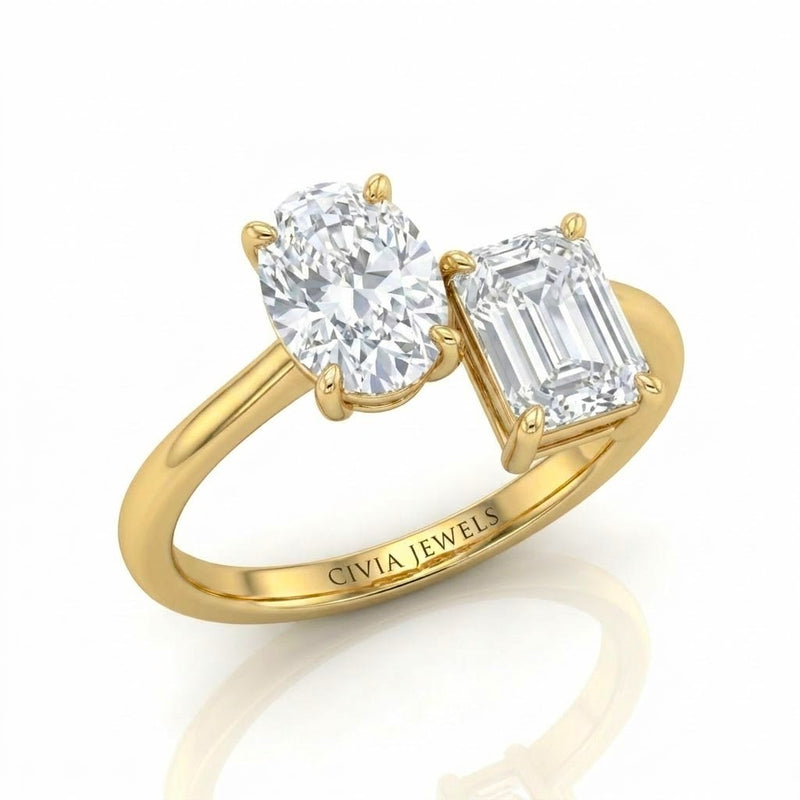 Yellow Gold Seraphine Toi et Moi Oval & Emerald Diamond Engagement Ring