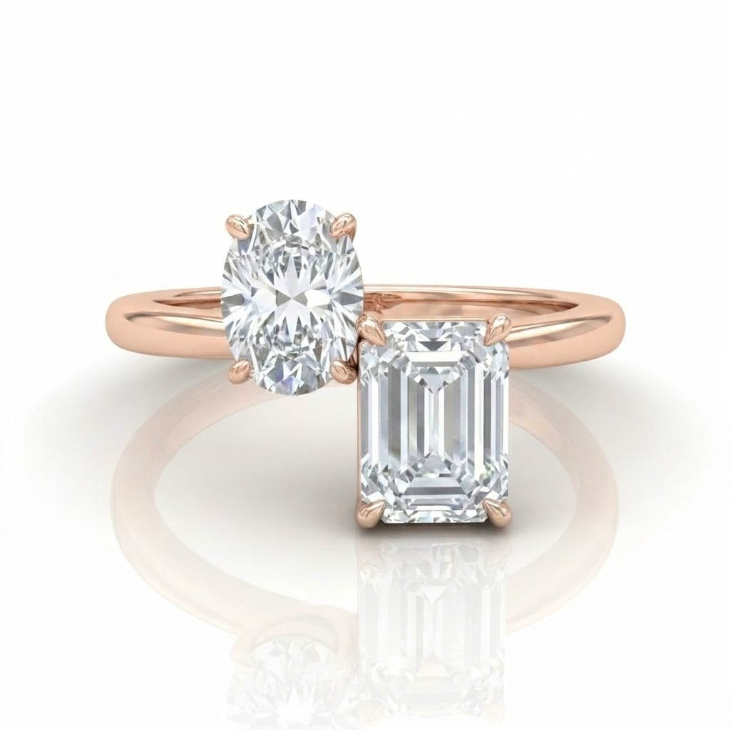 Rose Gold Seraphine Toi et Moi Oval & Emerald Diamond Engagement Ring
