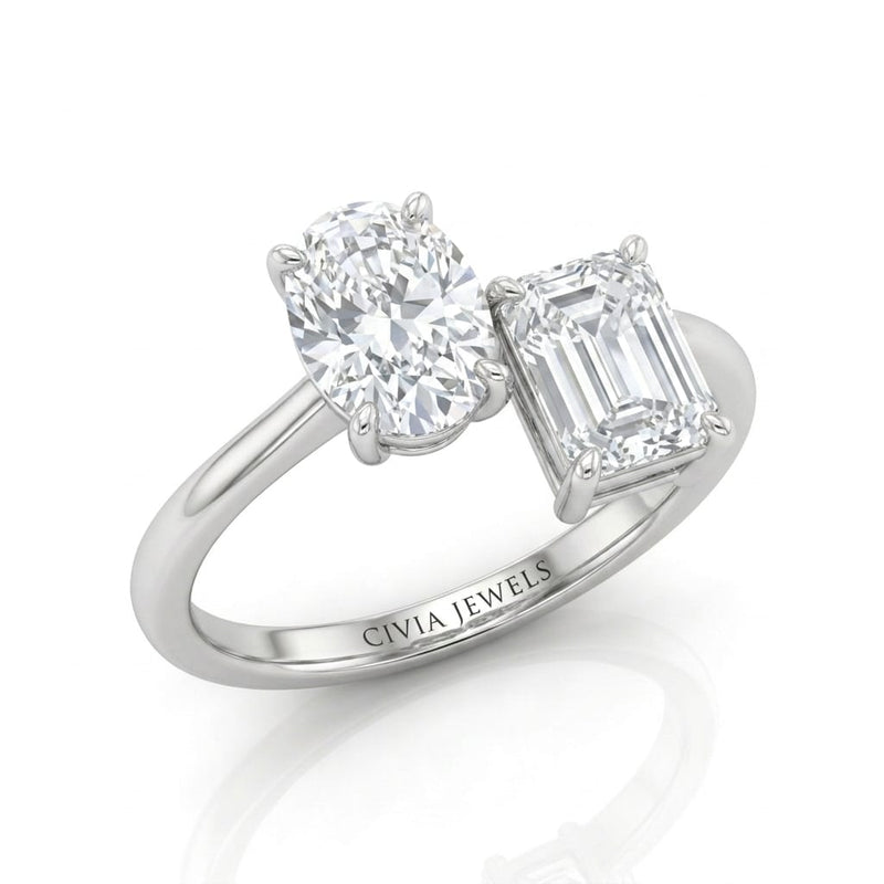 White Gold Seraphine Toi et Moi Oval & Emerald Diamond Engagement Ring
