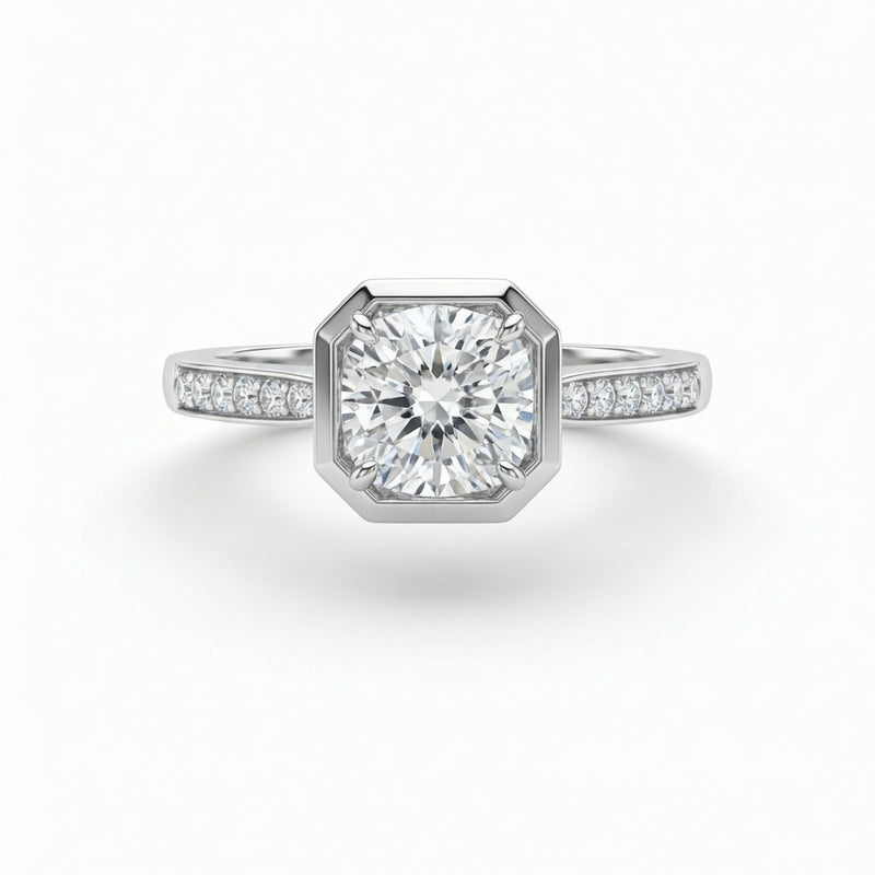 White Gold Virelith Hexagon Bezel Cushion Diamond Engagement Ring With Channel Pave Band