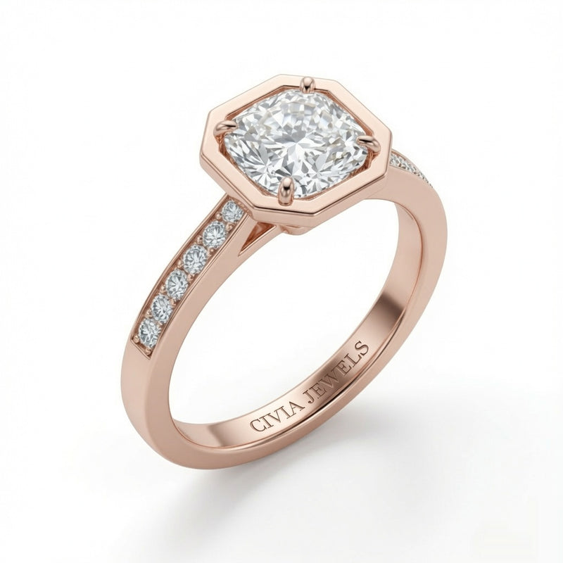Rose Gold Virelith Hexagon Bezel Cushion Diamond Engagement Ring With Channel Pave Band