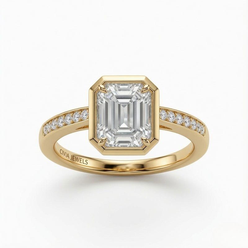 Yellow Gold Virelith Hexagon Bezel Emerald Diamond Engagement Ring With Channel Pave Band