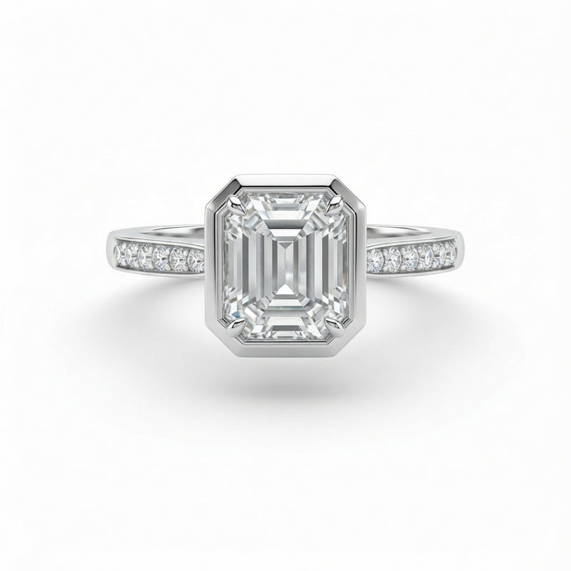 White Gold Virelith Hexagon Bezel Emerald Diamond Engagement Ring With Channel Pave Band
