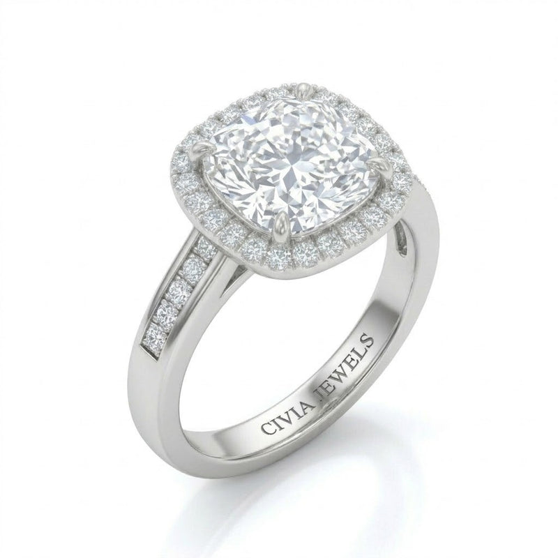 Silver Emperia Cushion Halo Diamond Engagement Ring