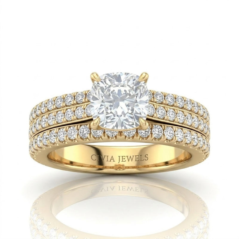 Yellow Gold Aurelia Triple Pavé Cushion Diamond Engagement Ring