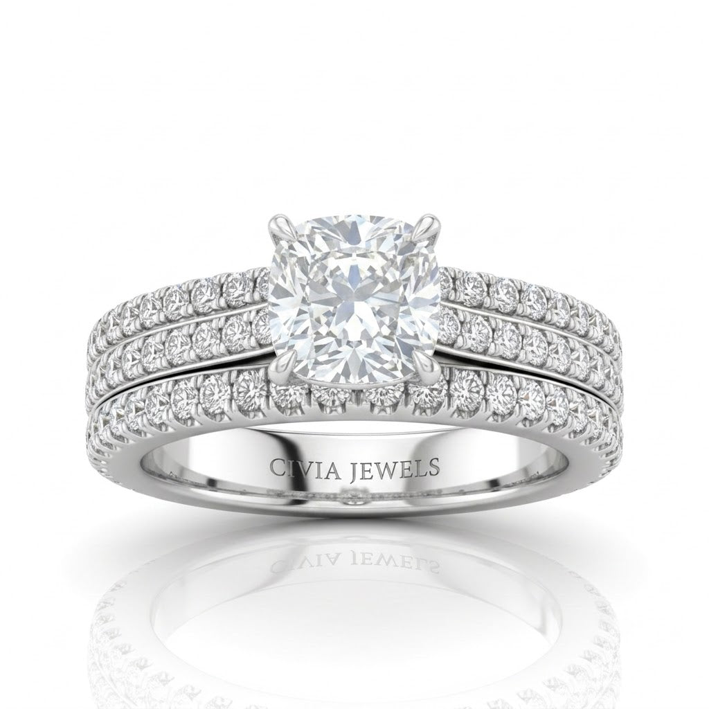 White Gold Aurelia Triple Pavé Cushion Diamond Engagement Ring