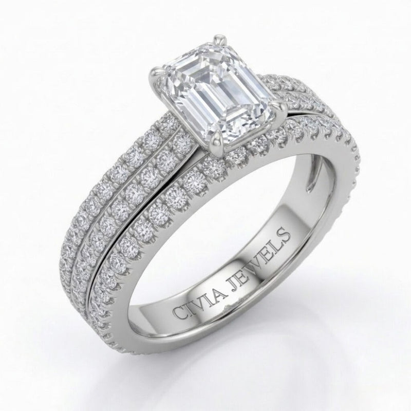 White Gold Aurelia Triple Pavé Emerald Diamond Engagement Ring