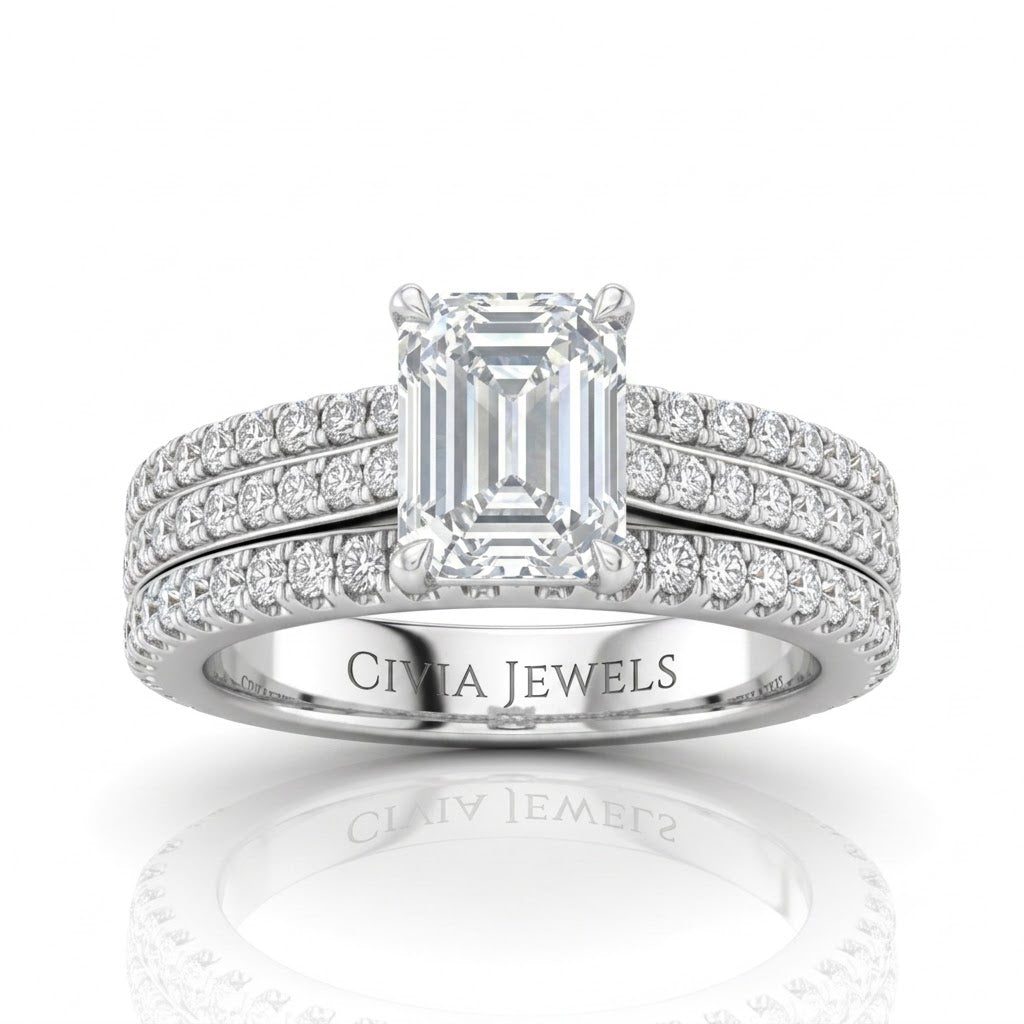 White Gold Aurelia Triple Pavé Emerald Diamond Engagement Ring