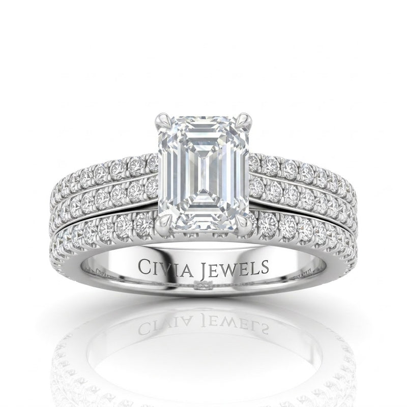 Silver Aurelia Triple Pavé Emerald Diamond Engagement Ring