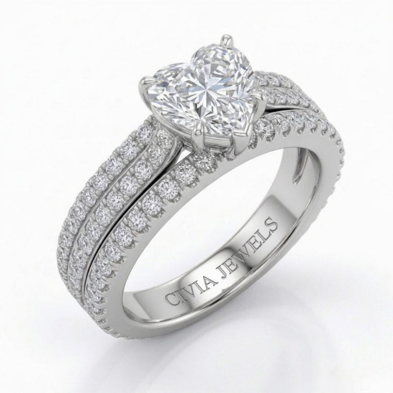 Silver Aurelia Triple Pavé Heart Diamond Engagement Ring