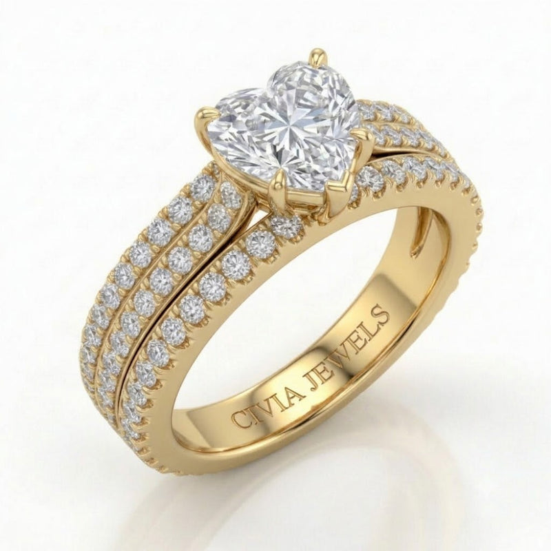 Yellow Gold Aurelia Triple Pavé Heart Diamond Engagement Ring