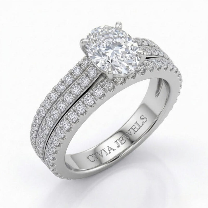 Silver Aurelia Triple Pavé Oval Diamond Engagement Ring