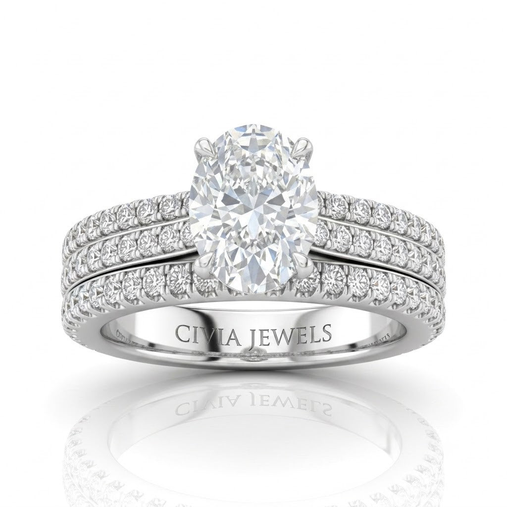 Silver Aurelia Triple Pavé Oval Diamond Engagement Ring