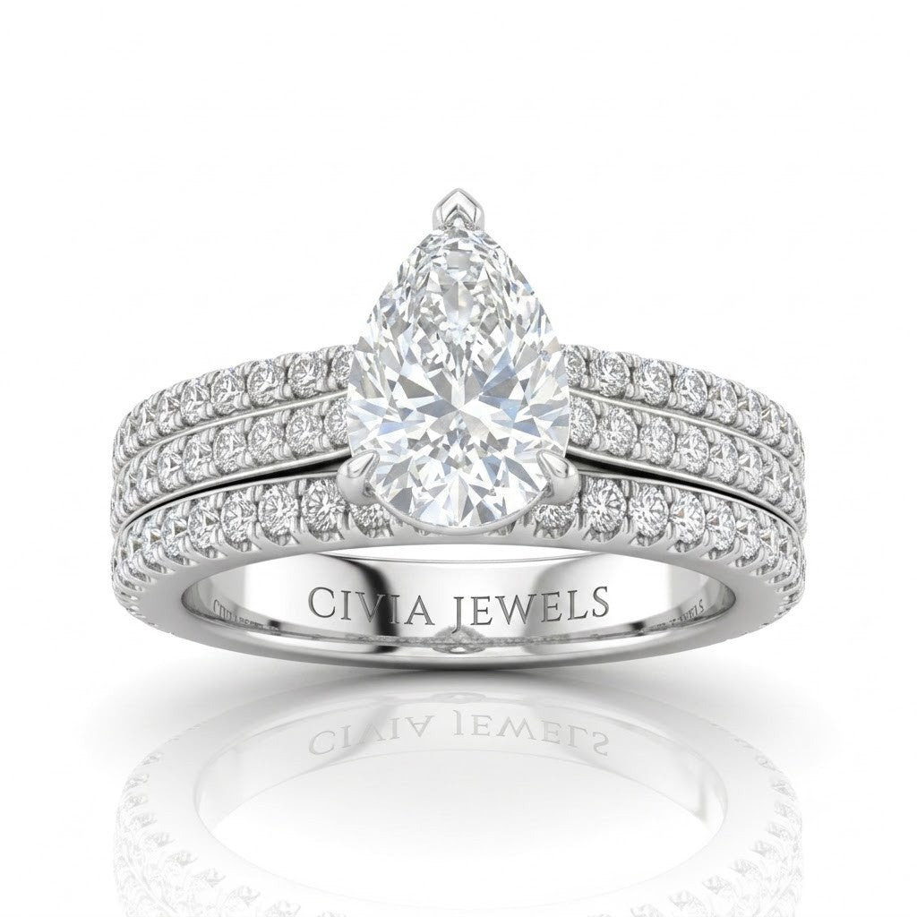 Silver Aurelia Triple Pavé Pear Diamond Engagement Ring