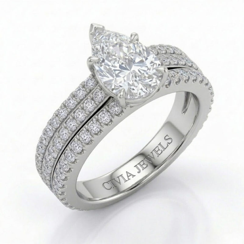 Silver Aurelia Triple Pavé Pear Diamond Engagement Ring
