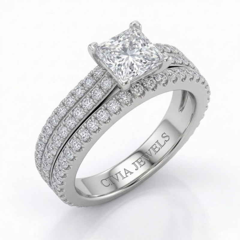Silver Aurelia Triple Pavé Princess Diamond Engagement Ring