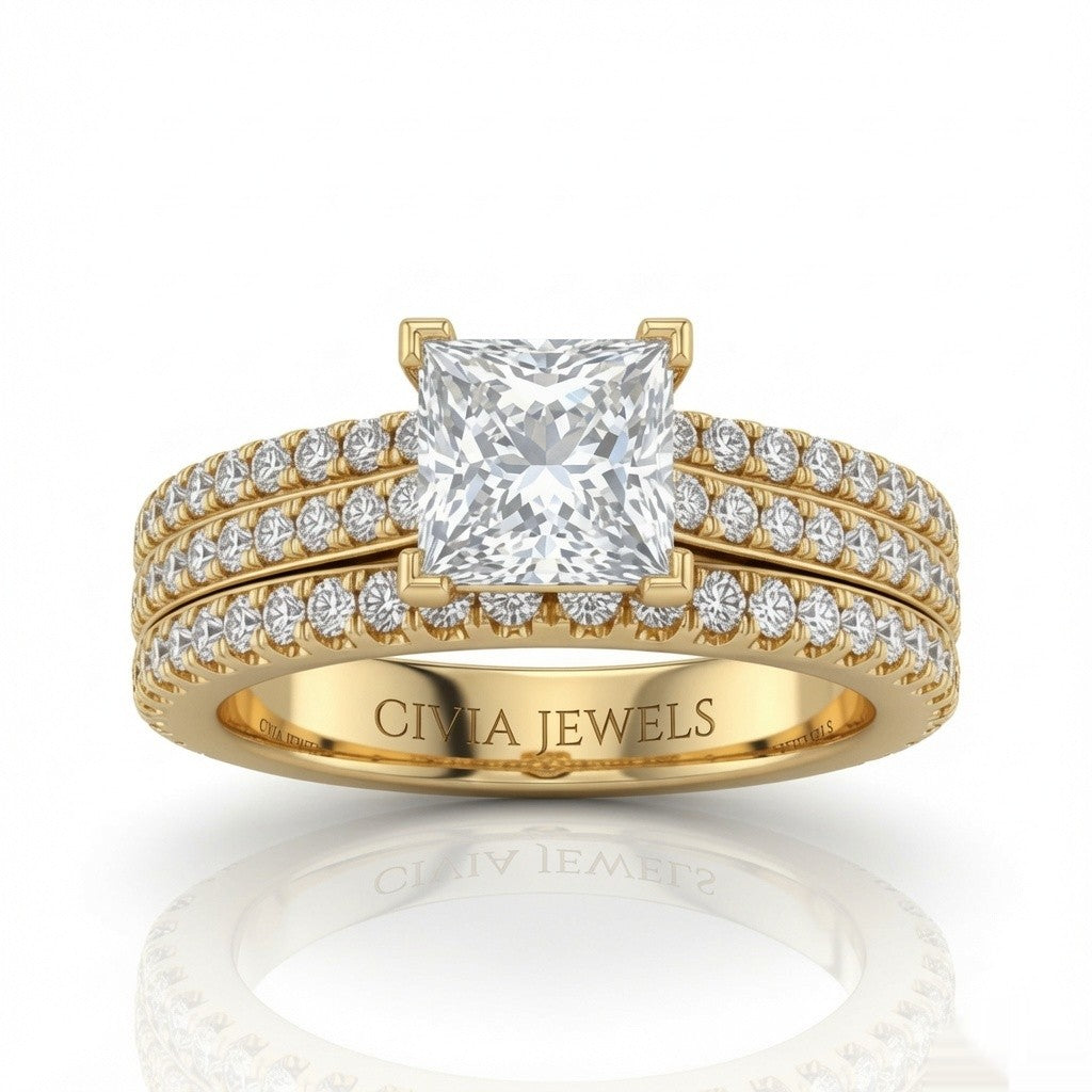 Yellow Gold Aurelia Triple Pavé Princess Diamond Engagement Ring