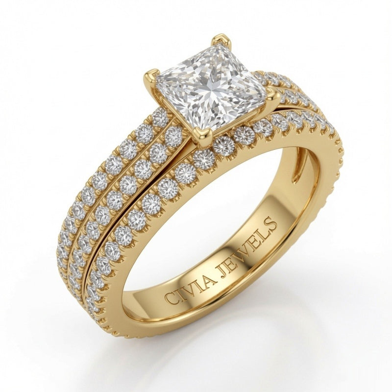 Yellow Gold Aurelia Triple Pavé Princess Diamond Engagement Ring