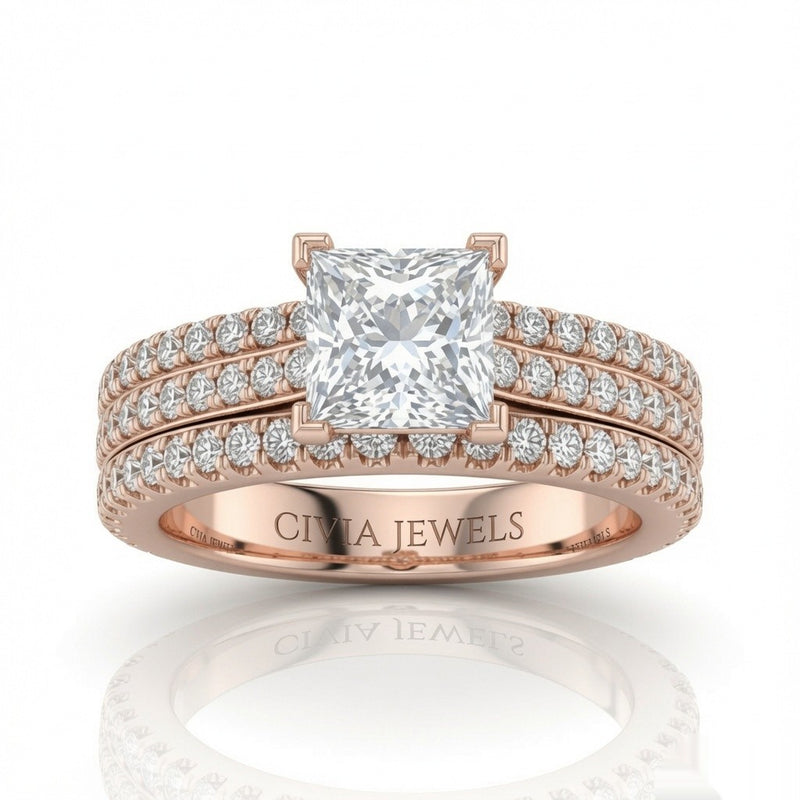 Rose Gold Aurelia Triple Pavé Princess Diamond Engagement Ring