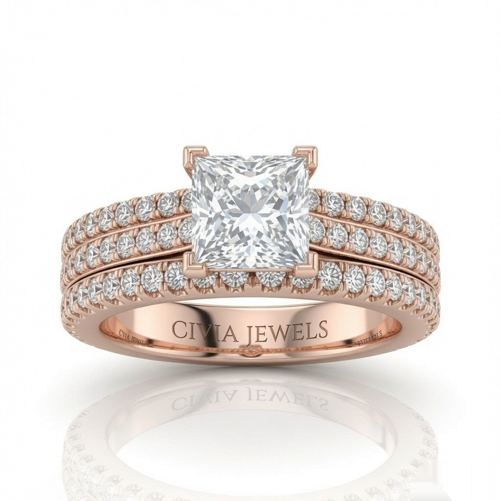 Rose Gold Aurelia Triple Pavé Princess Diamond Engagement Ring