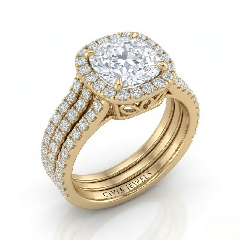 Yellow Gold Elarique Cushion Halo Diamond Engagement Ring