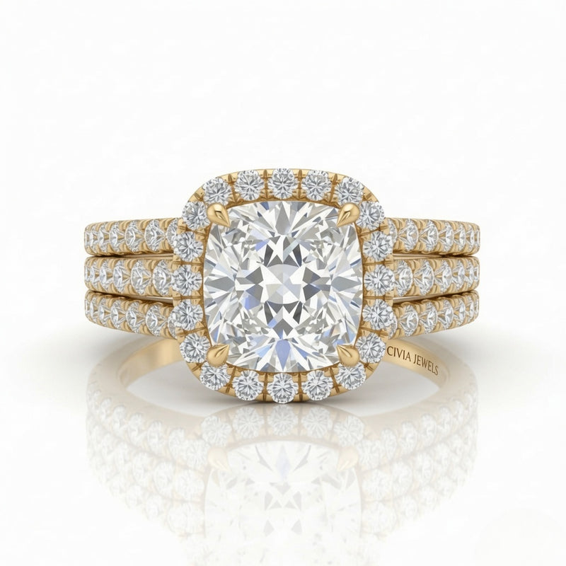 Yellow Gold Elarique Cushion Halo Diamond Engagement Ring