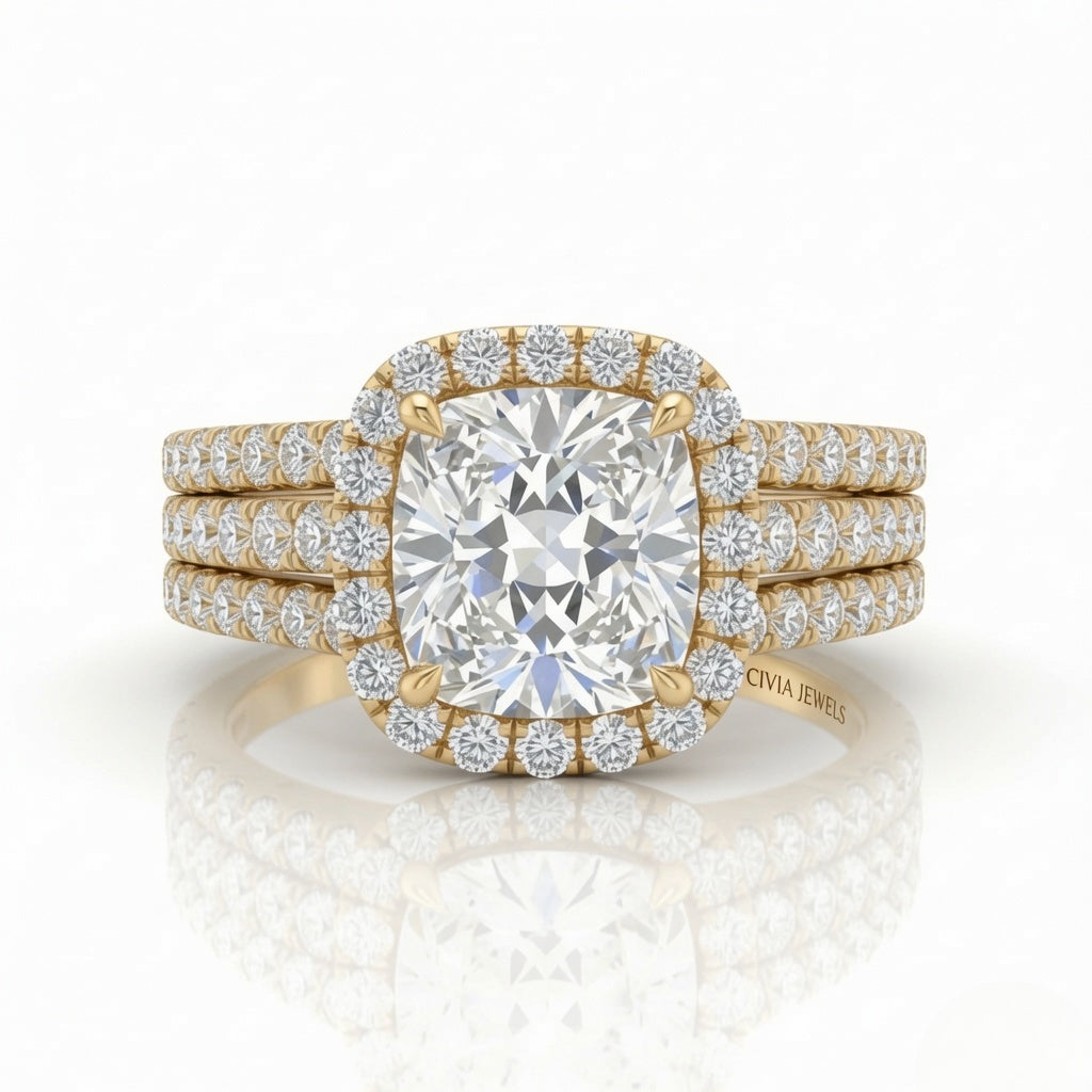 Yellow Gold Elarique Cushion Halo Diamond Engagement Ring