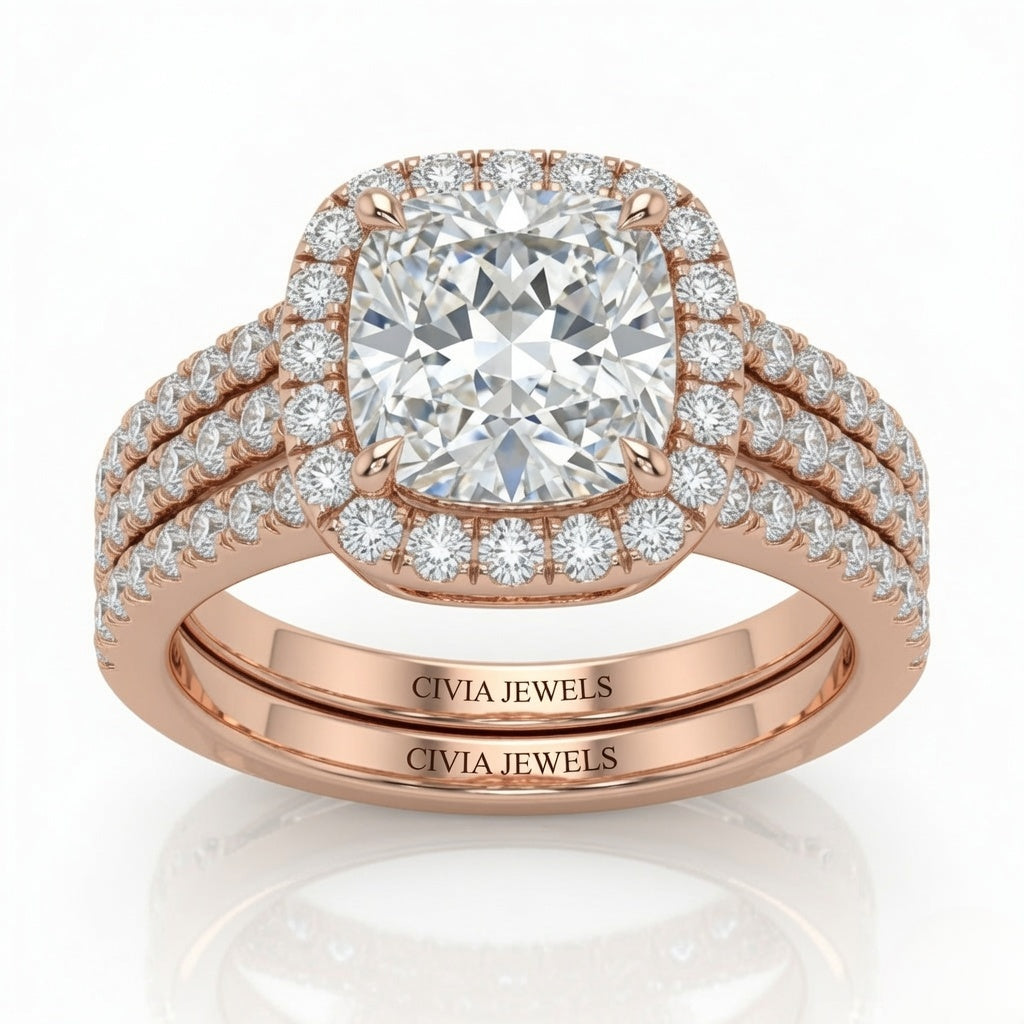 Rose Gold Elarique Cushion Halo Diamond Engagement Ring