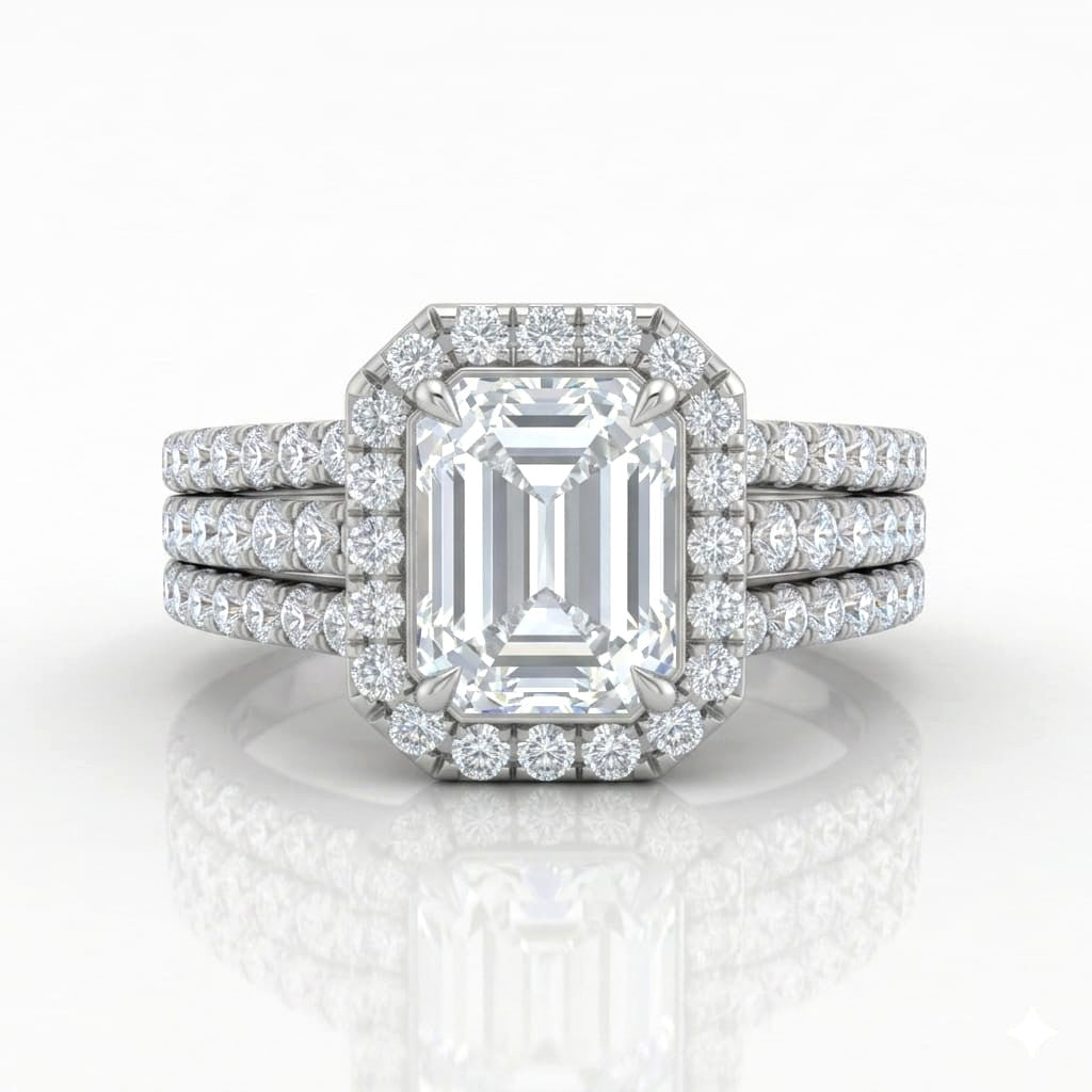 White Gold Elarique Emerald Halo Diamond Engagement Ring