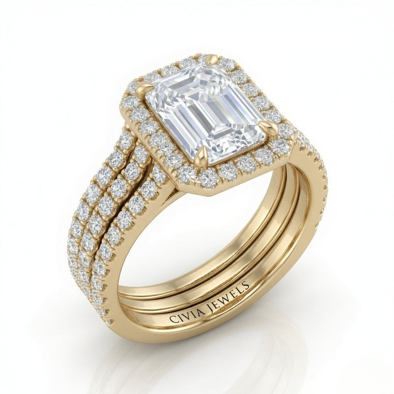 Yellow Gold Elarique Emerald Halo Diamond Engagement Ring