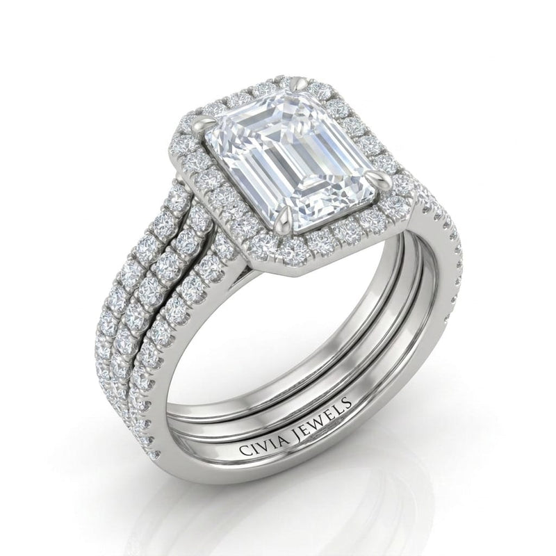 White Gold Elarique Emerald Halo Diamond Engagement Ring