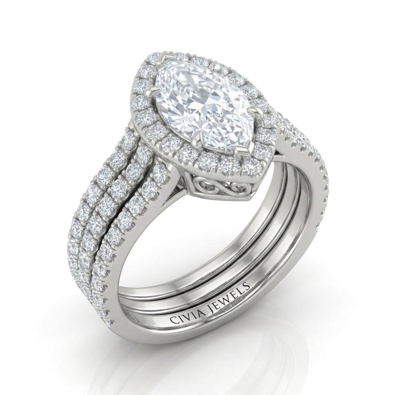 Silver Elarique Marquise Halo Diamond Engagement Ring