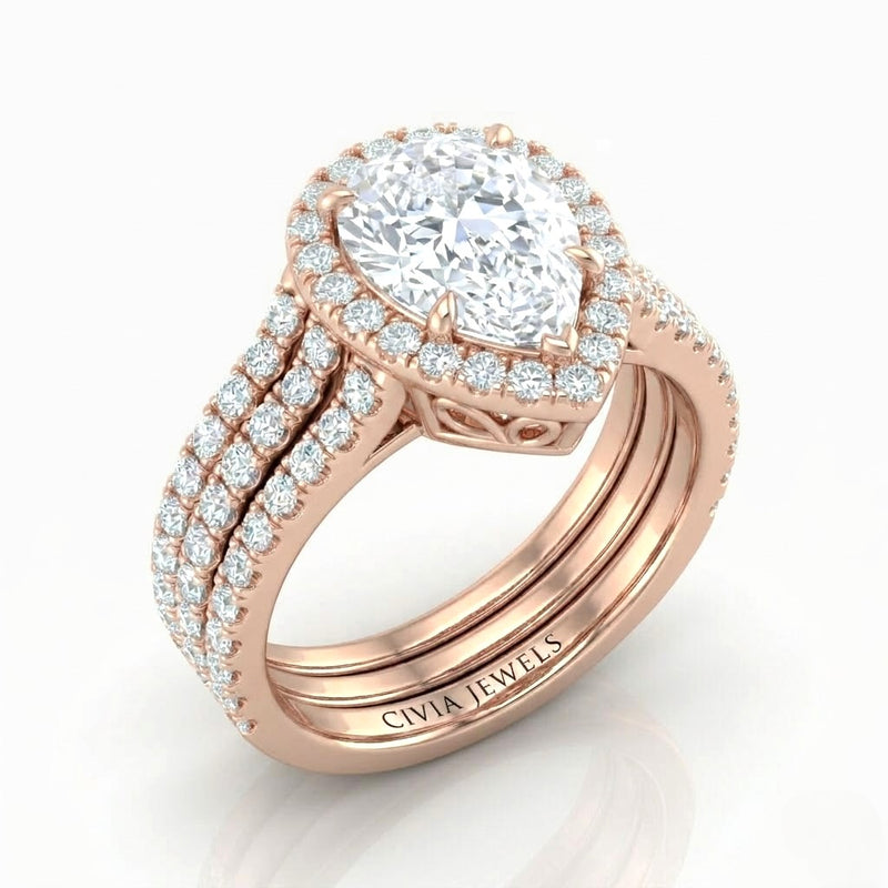 Rose Gold Elarique Pear Halo Diamond Engagement Ring