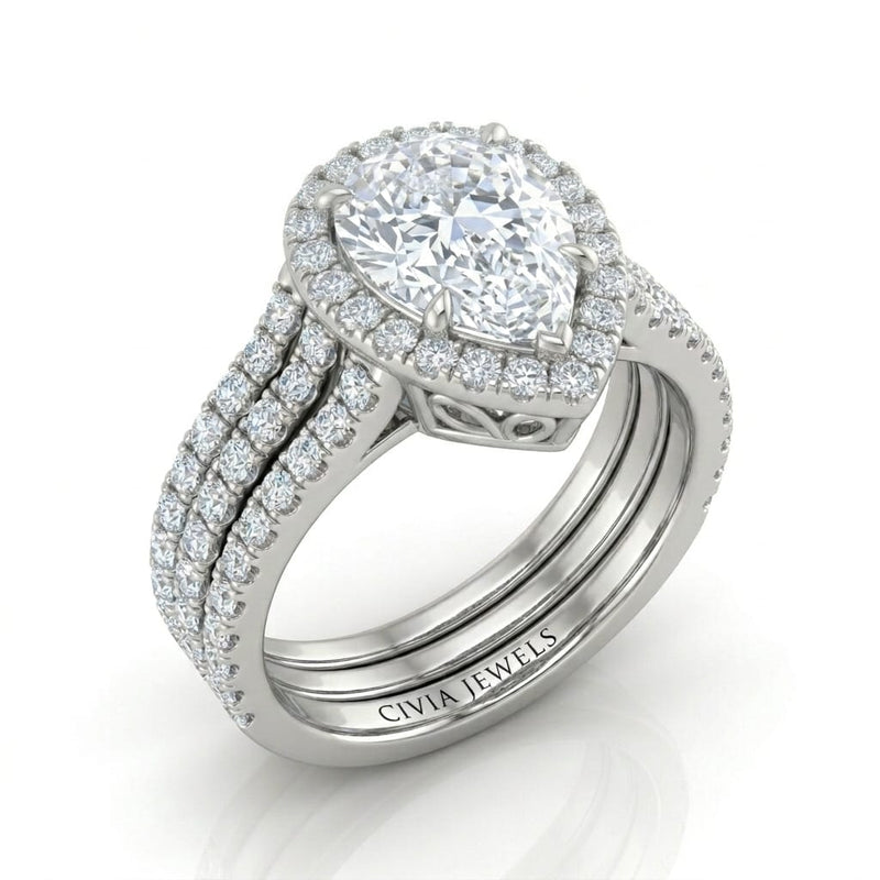 White Gold Elarique Pear Halo Diamond Engagement Ring