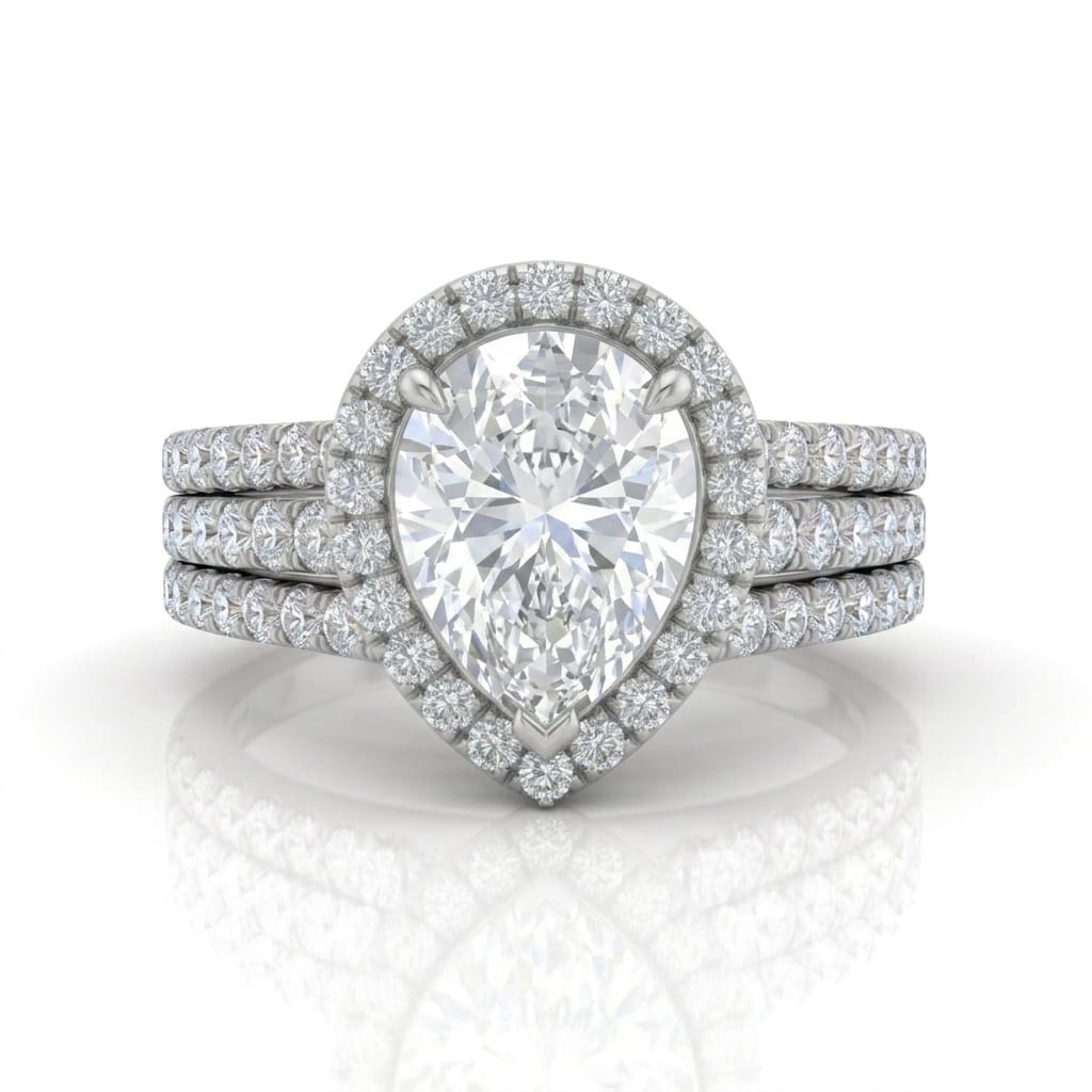 Silver Elarique Pear Halo Diamond Engagement Ring