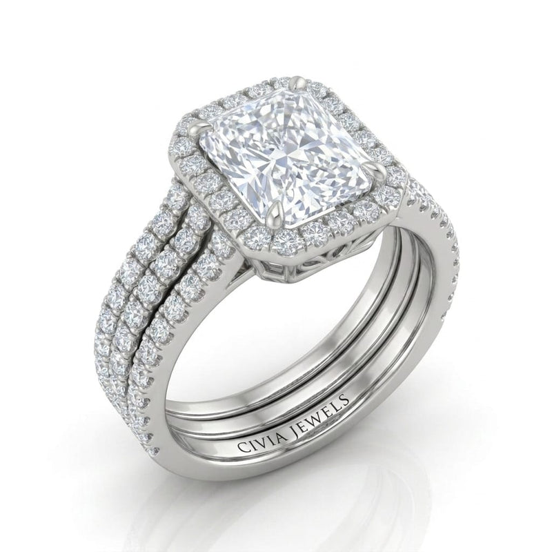 White Gold Elarique Radiant Halo Diamond Engagement Ring
