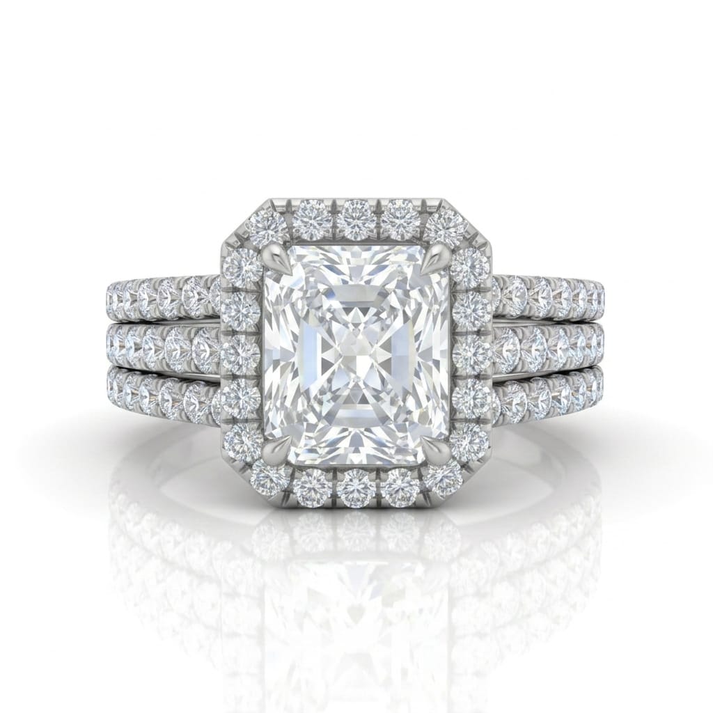 White Gold Elarique Radiant Halo Diamond Engagement Ring