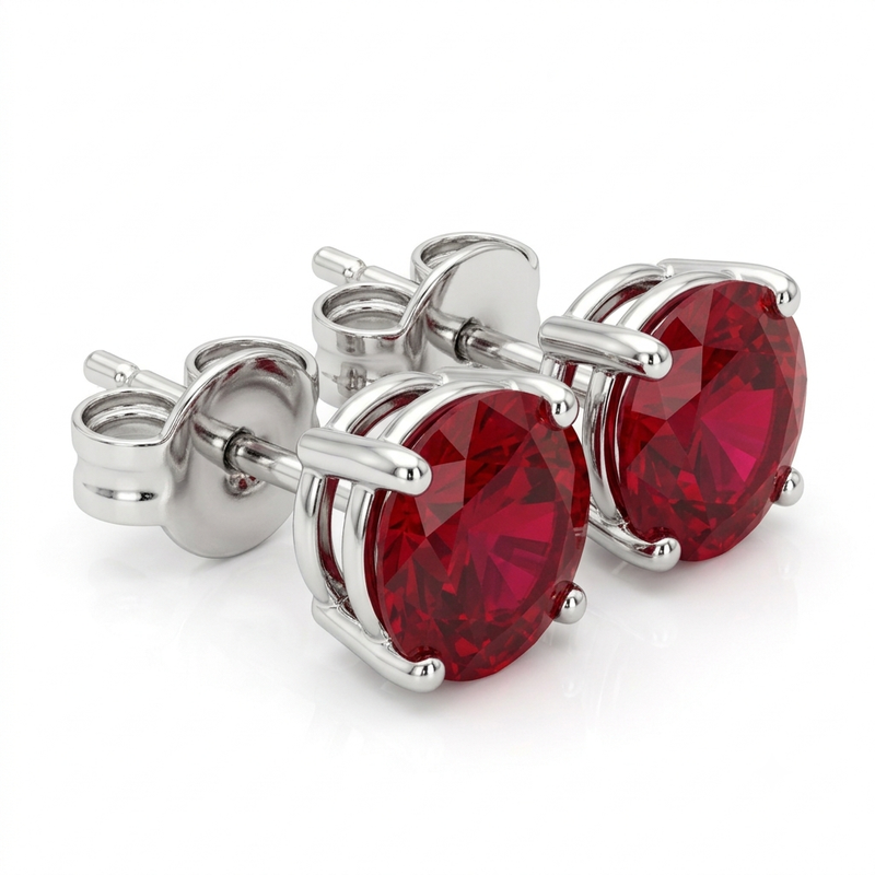 Timeless Round Cut Ruby And Diamond Stud Earrings With Four Prong Setting
