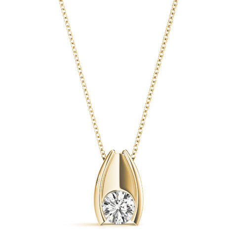Yellow gold Round Bezel Solitaire Pendant with V-Prong Setting